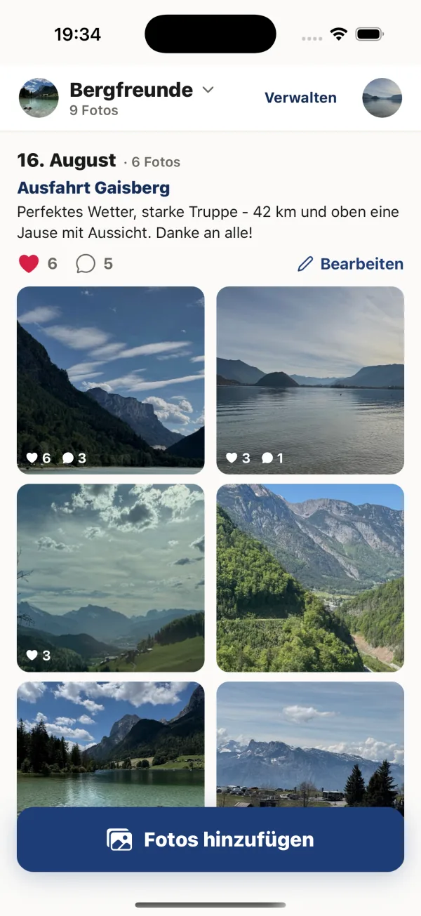 A day in Kreis: title and description, likes and comments, and the day's photos.