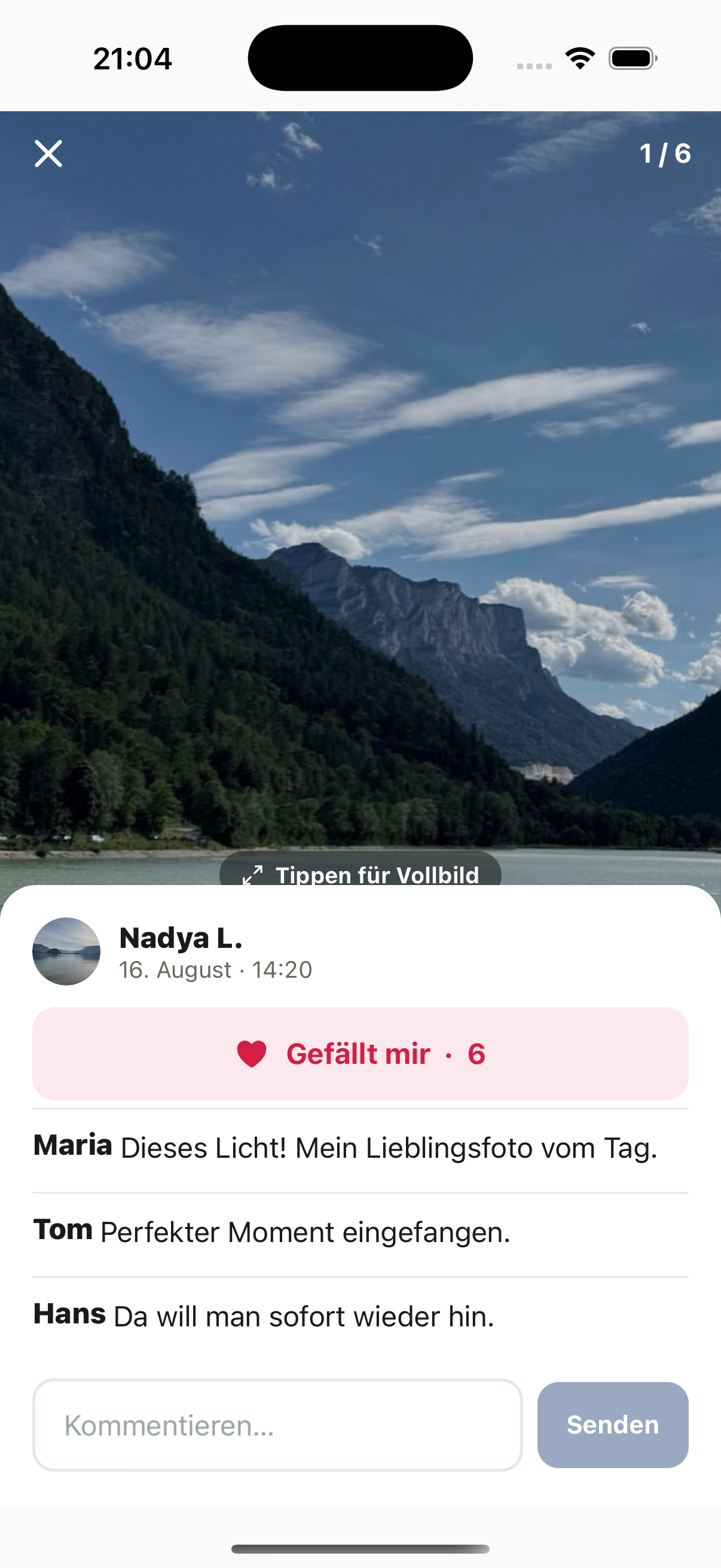 A single photo in Kreis with the uploader’s name, likes and a comment thread.